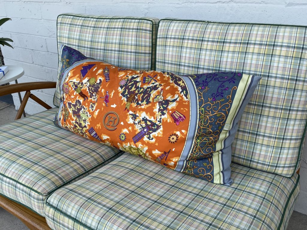 RoKi Design creates custom silk scarves & up-cycled accessories and apparel made with vintage luxury materials such as this Hermès scarf pillow.