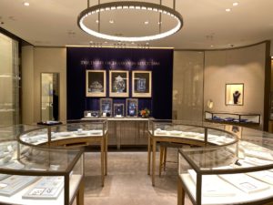 A rock crystal chandelier and a LED light-filled ceiling spotlight the dazzling diamond collections.