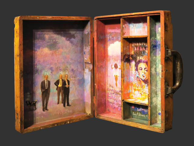 Ismael Rivera's "Fresh Start," 2020, dialogues with the past via contemporary painting upon a vintage wooden artist’s case, at Beatriz Esguerra Art, during Four x Five, via Culture Place.