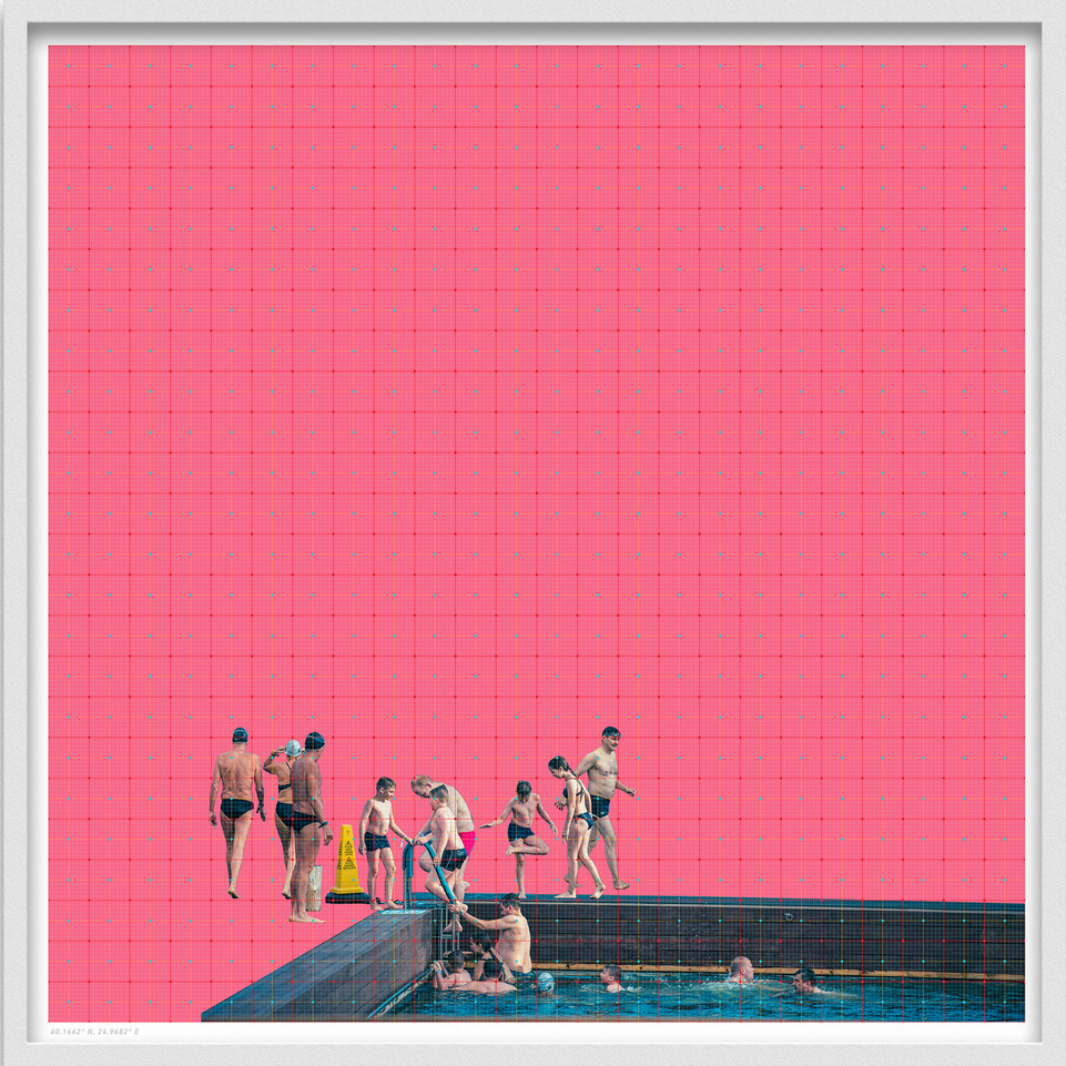 Mario Arroyave's "Pool-Helsinki," 2020, at Beatriz Esguerra Art, during Four x Five, via Culture Place. The Colombian-born photographer's work prophetically anticipates this moment when we are acutely aware of our space in regard to other human beings. 