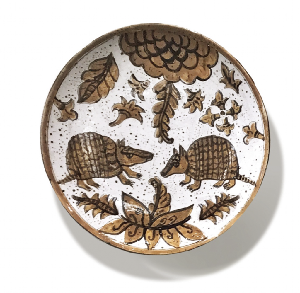 Pat Johnson's "Tex-Mex Dinner Plate #1-Armadillo,"
2019, at Red & White Gallery, Fayetteville 