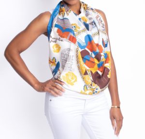 RoKi Design scarf that can be worn as a top was created to benefit The Ensemble Theatre.