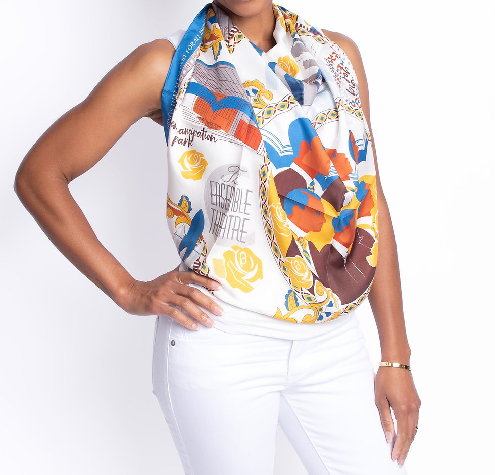 RoKi Design scarf that can be worn as a top was created to benefit The Ensemble Theatre.