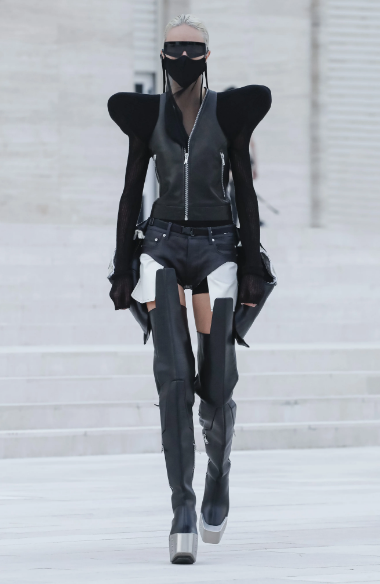Rick Owens big shoulder jacket, chaps and boots. (Photo courtesy of Rick Owens)