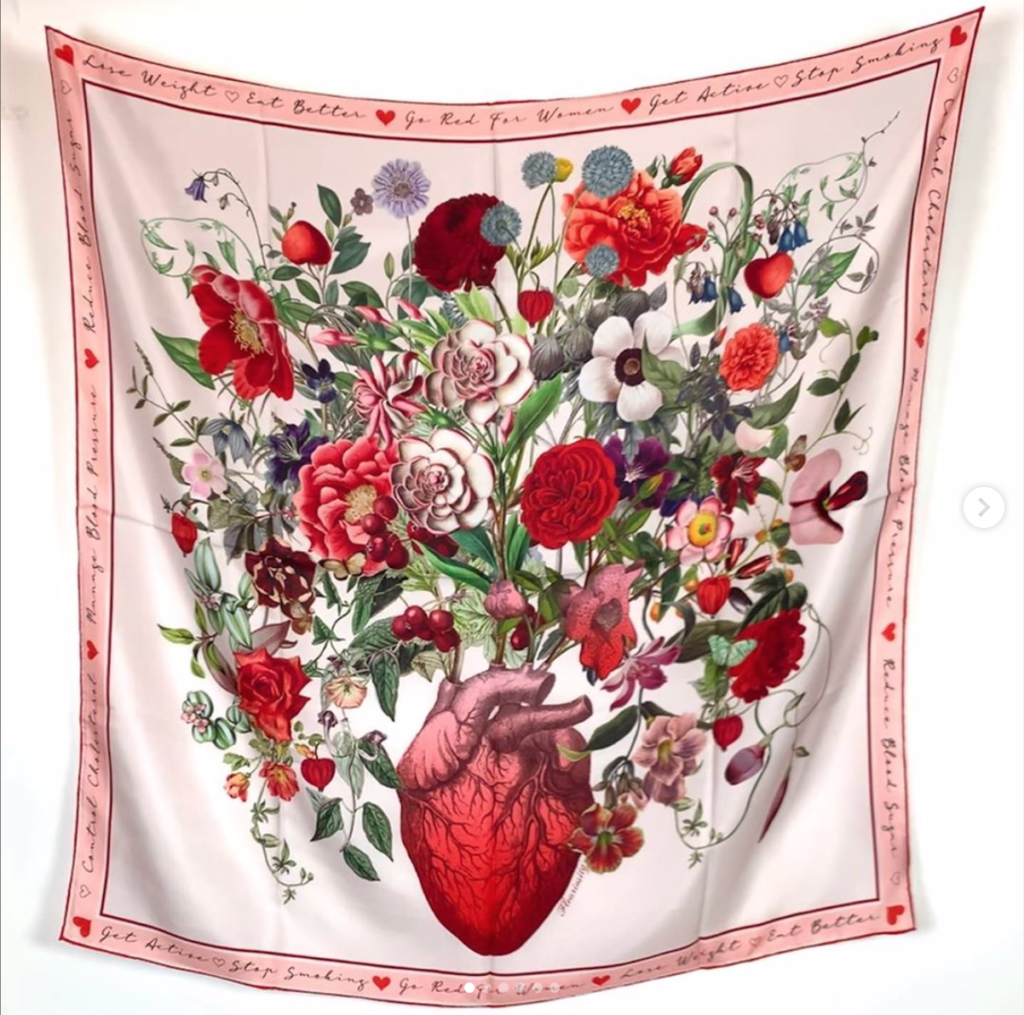 RoKi Design's 'Heart in Bloom' created for the American Heart Association's for Go Red For Women campaign was designed by  artist British-based artist Vanessa Buchmann of Fleuriosity, which was customized by her to celebrate Go Red for Women