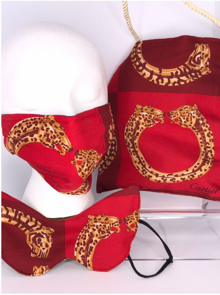 RoKi Designs creates high-fashion masks from a re-purposed Cartier scarf.