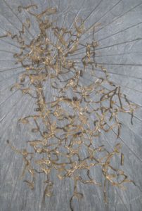 Thomas Gleaner’s “Serenity (Variation 7),” 2019, at SOCO Gallery on Culture Place during Four x Five. The painting’s surface is activated by enamel, acrylic, interference pigment, collage, book pages, twine, glitter, handcut canvas, and nails on canvas over panel.