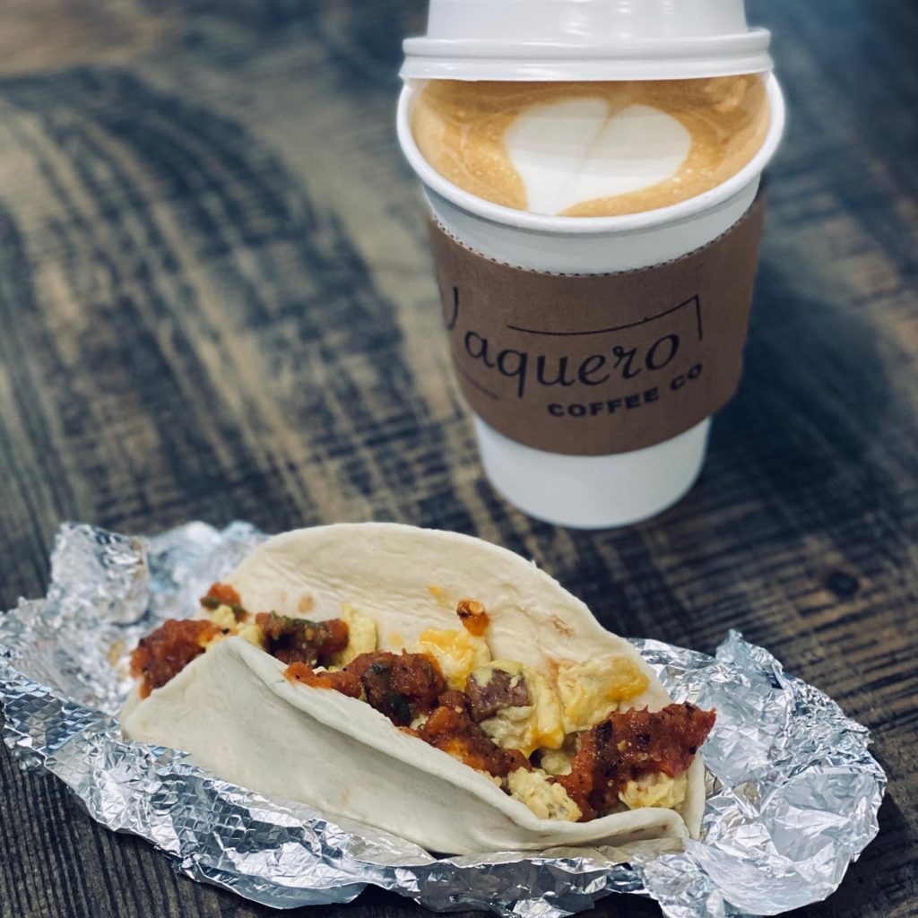 Vaquero Coffee latte and a breakfast taco, fueling your vote.