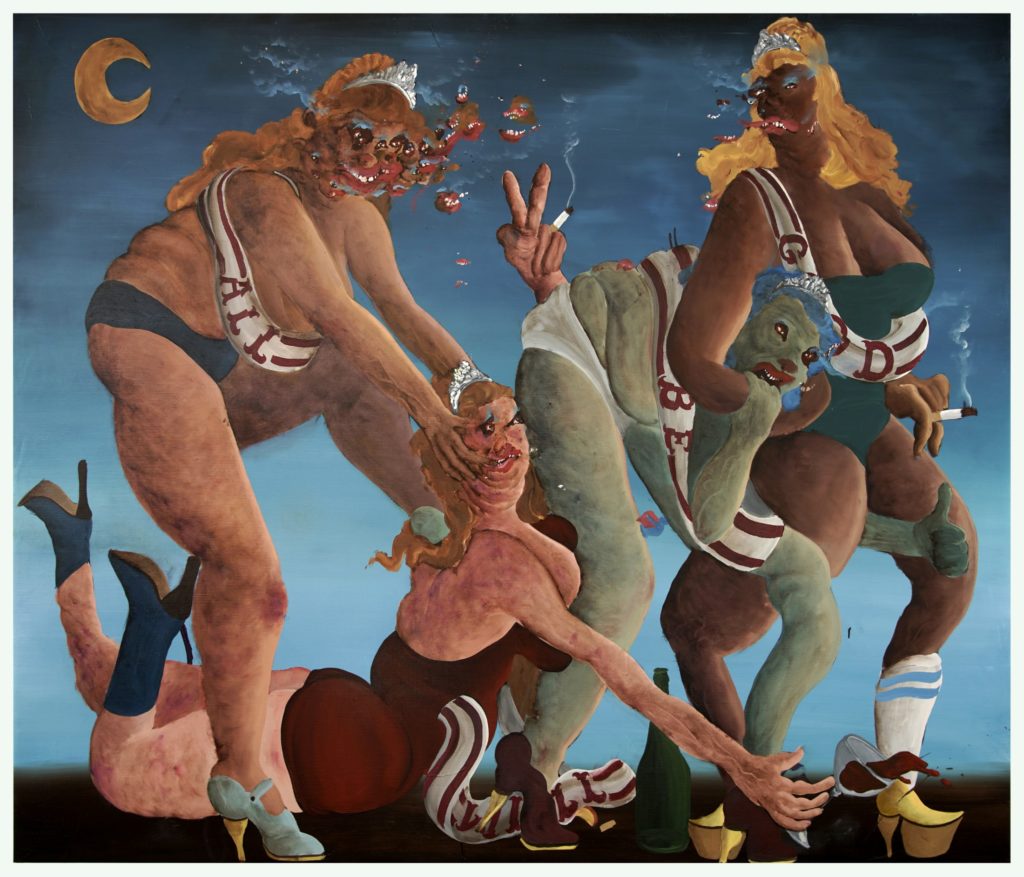 Willehad Eilers' "All Will Be Good," 2020, presents heroic, distorted figures on an ambitiously scaled canvas, measuring 66.92 x 78.74 inches. Find this dystopian painting at Galerie Droste on Culture Place during Four x Five. 