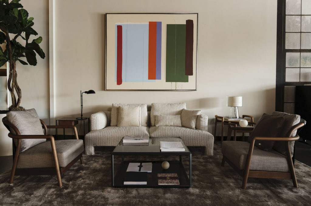 Aníbal Vallejo work from Art of the World  Gallery, which has joined BeDesign in a percentage-of-sale fundraiser for Houston Grand Opera. Furnishings from BeDesign. Driade: MOD Sofa;
Flexform: Allison Armchair and Ascanio Tables; Zannotta: Taschino side table
Molenti&C: 45* Tavolino Coffee Table;
Marset: Mercer Lamp, Funiculi Table Lamp  (Photo by Jack Thompson)