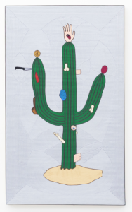 Gabriel Rico’s canvas featuring embroidered hand-painted yarn, “The second cause is meant to be an explanation of the first (Sahuaro I),” 2020, at Perrotin, at Dallas Art Fair’s Four x Five.