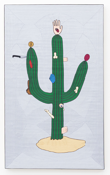 Gabriel Rico's canvas featuring embroidered hand-painted yarn, "The second cause is meant to be an explanation of the first (Sahuaro I)," 2020, at Perrotin, at Dallas Art Fair's Four x Five.