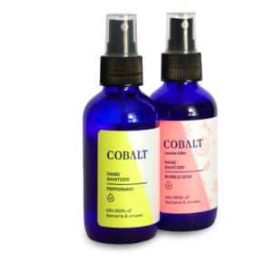 Cobalt Hand Sanitizers in Blue Glass Bottles; photo courtesy of Cobalt