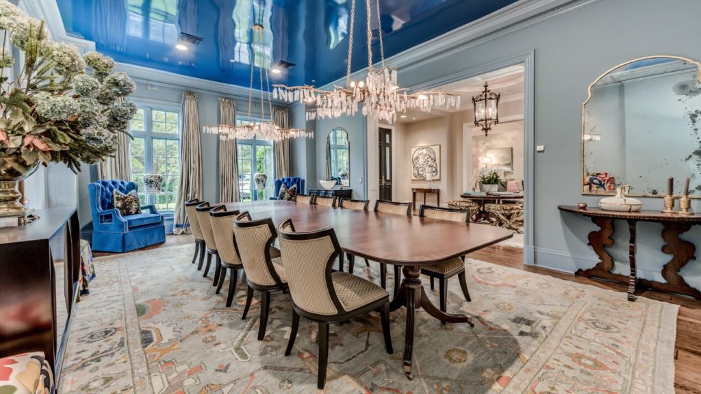 Farnham – Dining with cobalt blue lacquered ceiling and rock crystal chandeliers