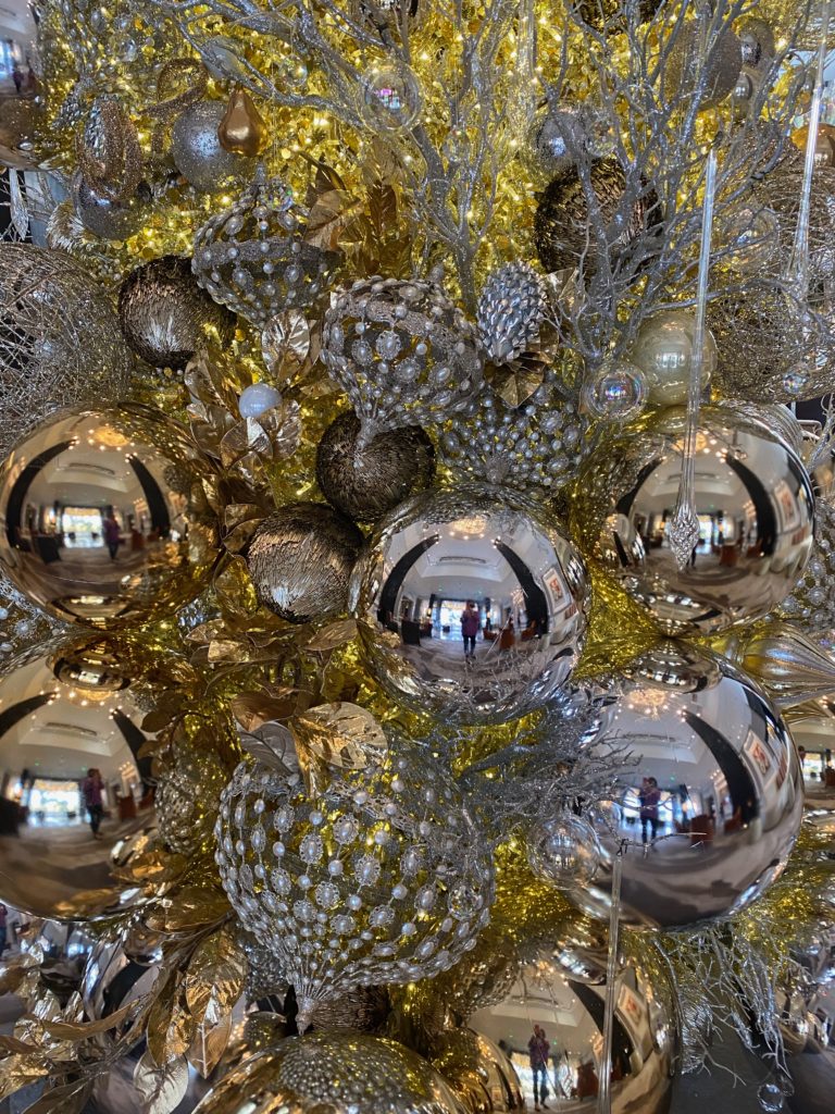 Detail of the grand Christmas tree in the lobby of The Post Oak Hotel.
