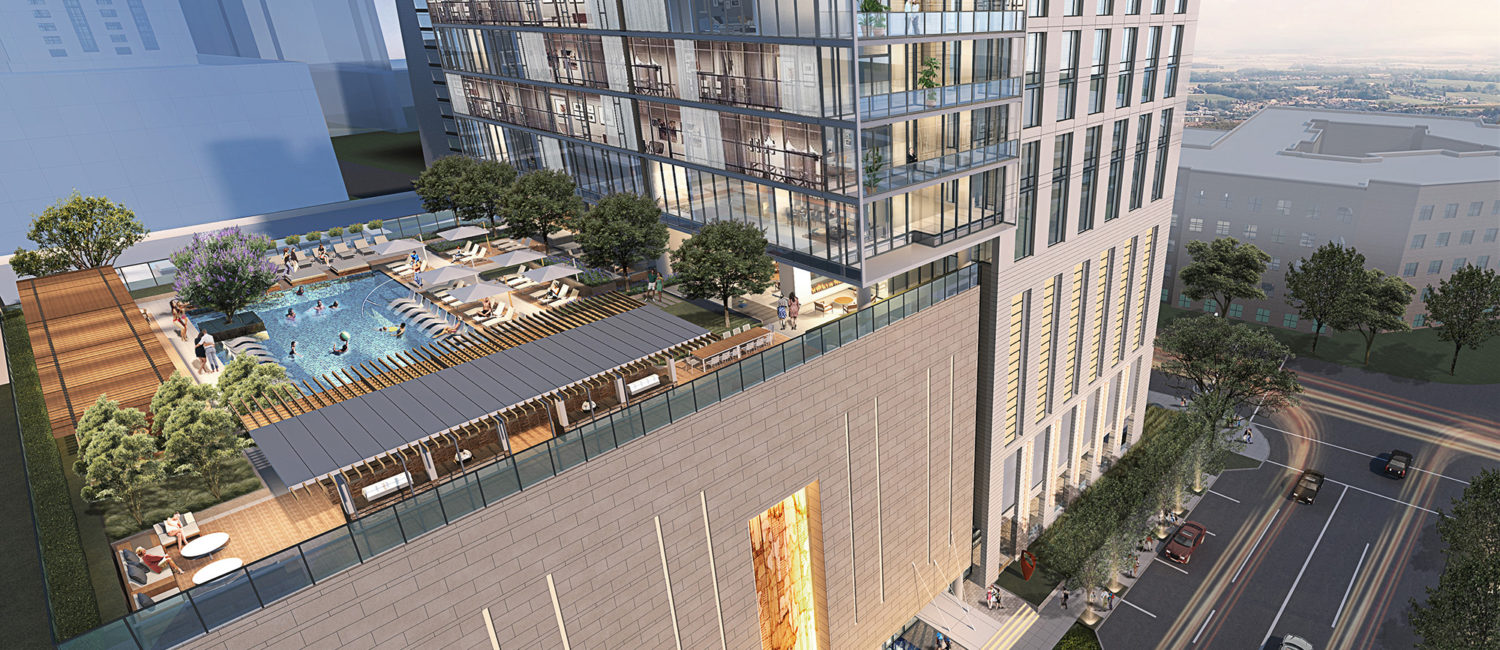 The Victor Amenity Deck Pool and Street View; Rendering Courtesy of Hines