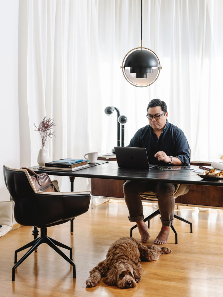 Architect Michael Hsu, with offices in Austin and Houston, works from his home office in Austin during the pandemic.  (Photo by Chase Daniel)