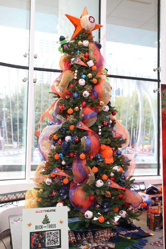 The Alley Theatre Deck the Trees display of decorated conifers. The Houston Astros tree by Janice L. Lopez.
