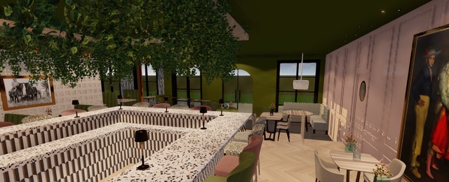 The black and white marble counters have brass inlays at Maria's Mexican Kitchen. 