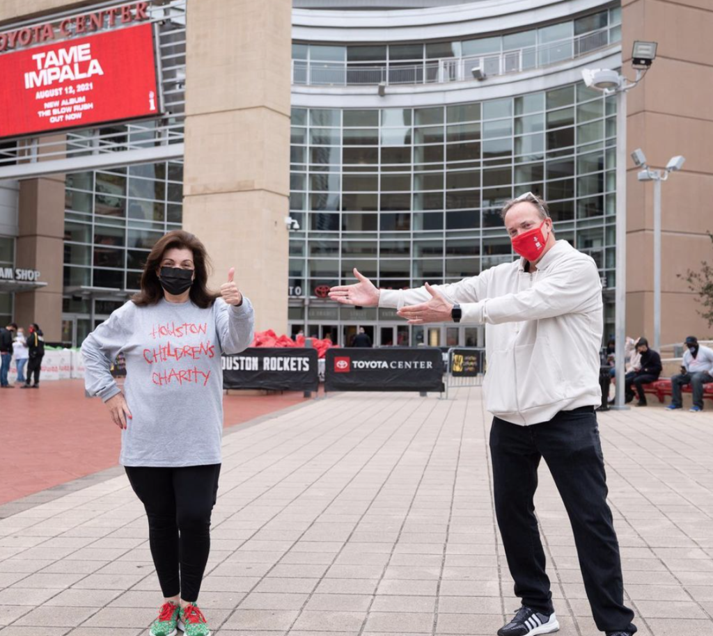 Houston Children's Charity CEO Laura Ward and Houston Rockets CEO Thad Brown celebrate the Toys for Tots partnership. (Instagram photo)