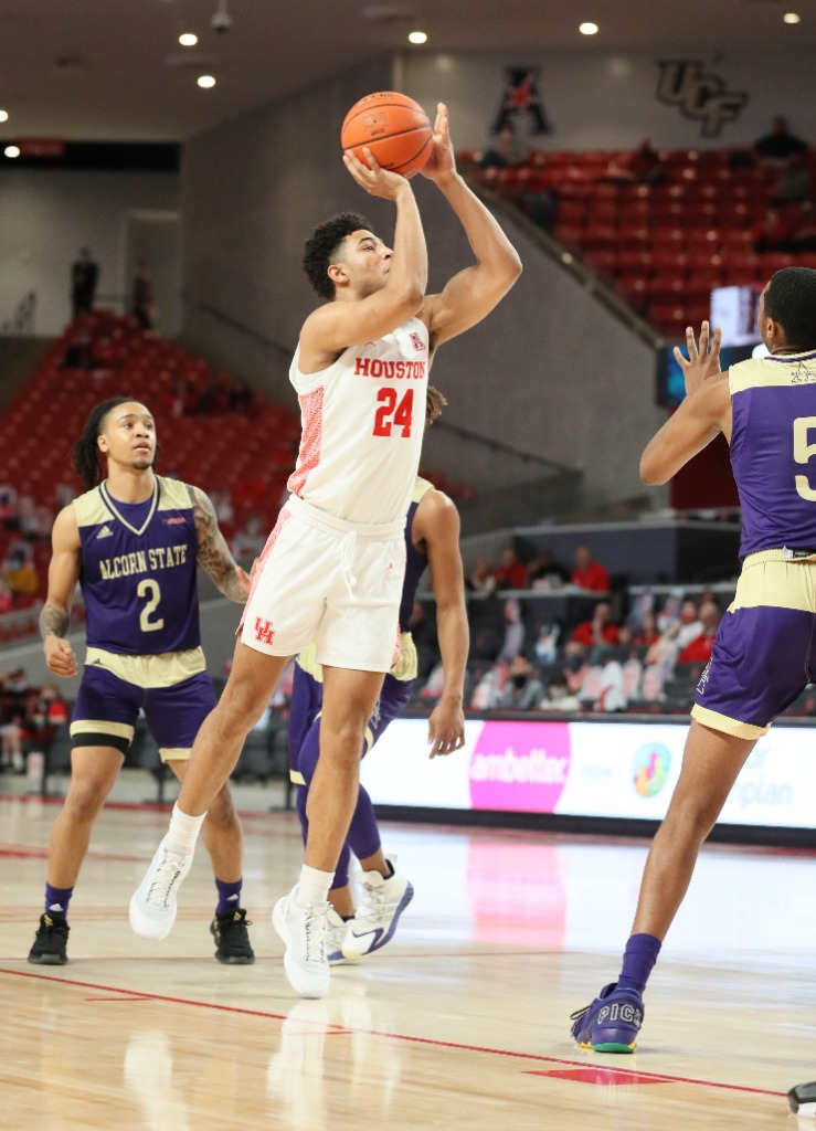 Quentin Grimes scored at will with UH undermanned and needing a steadying force. (Photo by UH Athletics)