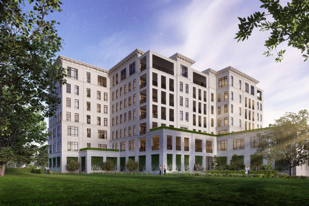 Rendering of the back view of The Sophie at Bayou Bend, which overlooks Buffalo Bayou.