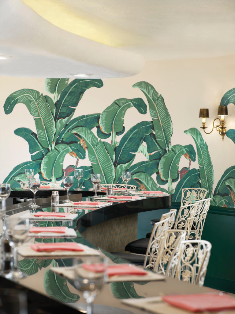 The Fountain Coffee Room at the Beverly Hills Hotel with its famed Martinique wallpaper