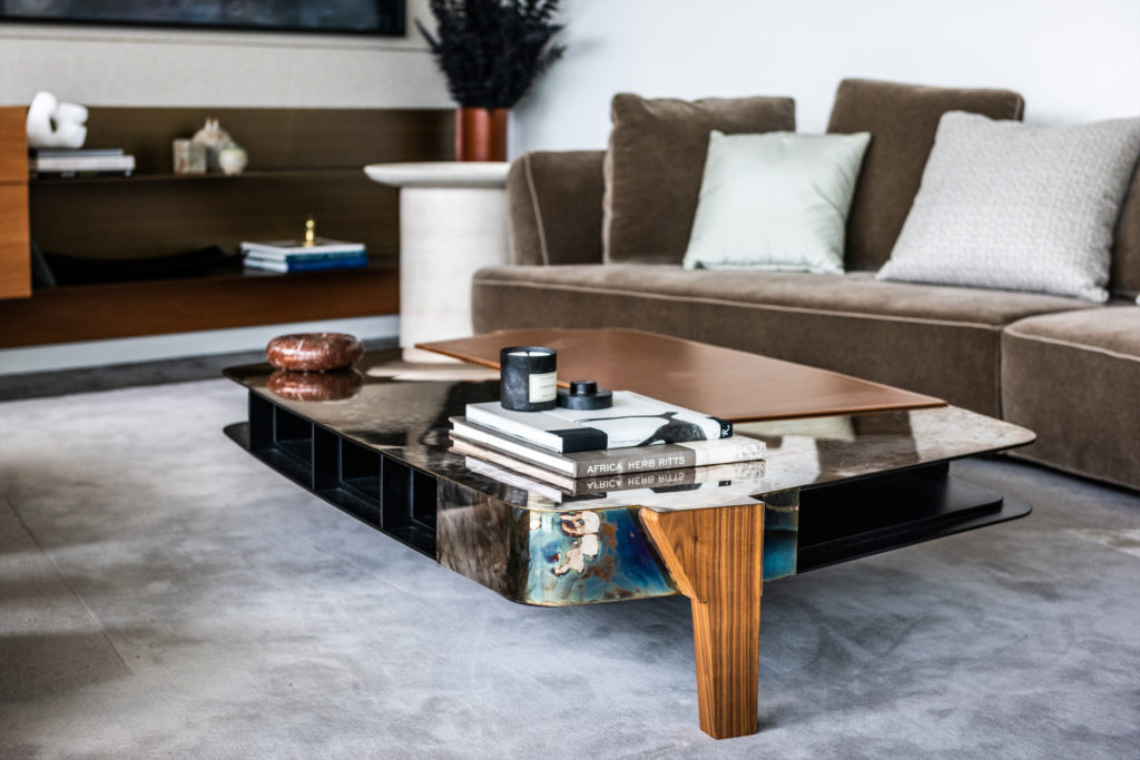 Italian architect Vincenzo de Cotiis' DC1201 coffee table, circa 2012, is silver-plated with a custom leather pad by Larru Leathers. (Photo by Robert Yu)