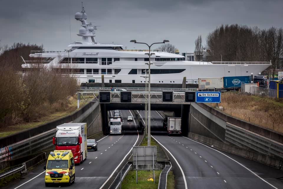 Tilman Fertitta's Boardwalk by Feadship encountered 19 locks and bridges on its way to sea trials. (Photo courtesy of Feadship)