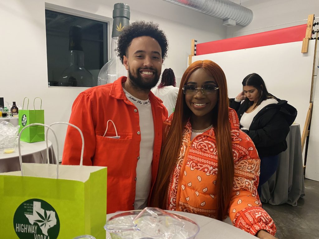 Houston fashion designers Tai and Raymond Bowen arrived in neon monochrome outfits at the Exquisite Taste Mobile Bartending Class. (Photo by Nicole Betts)