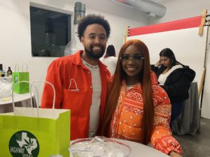 Houston fashion designers Tai and Raymond Bowen arrived in neon monochrome outfits at the Exquisite Taste Mobile Bartending Class. (Photo by Nicole Betts)
