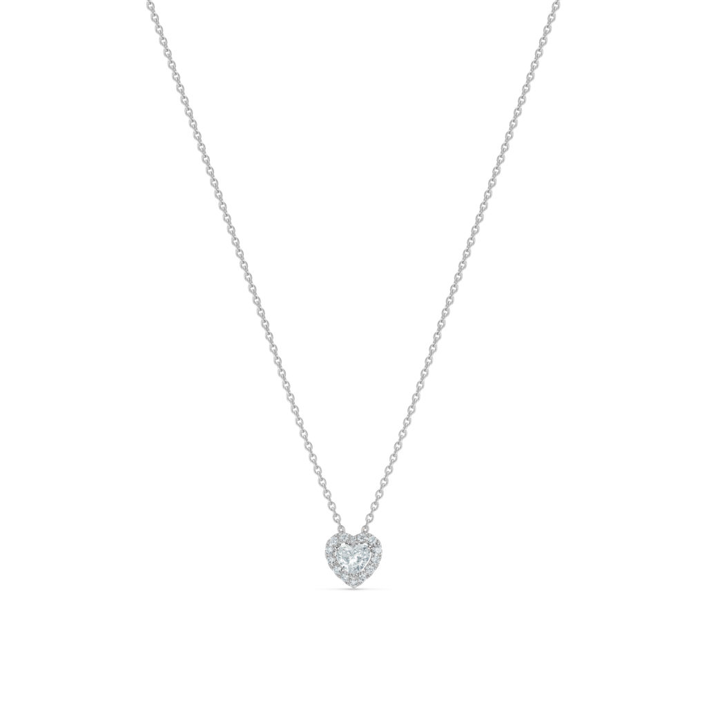 De Beers' heart-shaped diamond pendant is suspended from an 18k white gold chain.