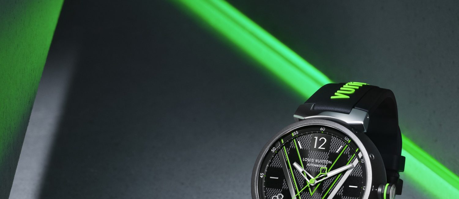 Louis Vuitton’s Tambour watch is inspired by their iconic Damier Graphite canvas.
