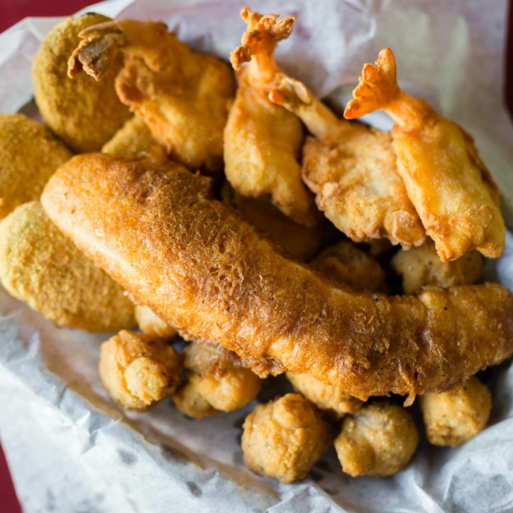 Zeke’s crusty Icelandic cod and butterfly shrimp