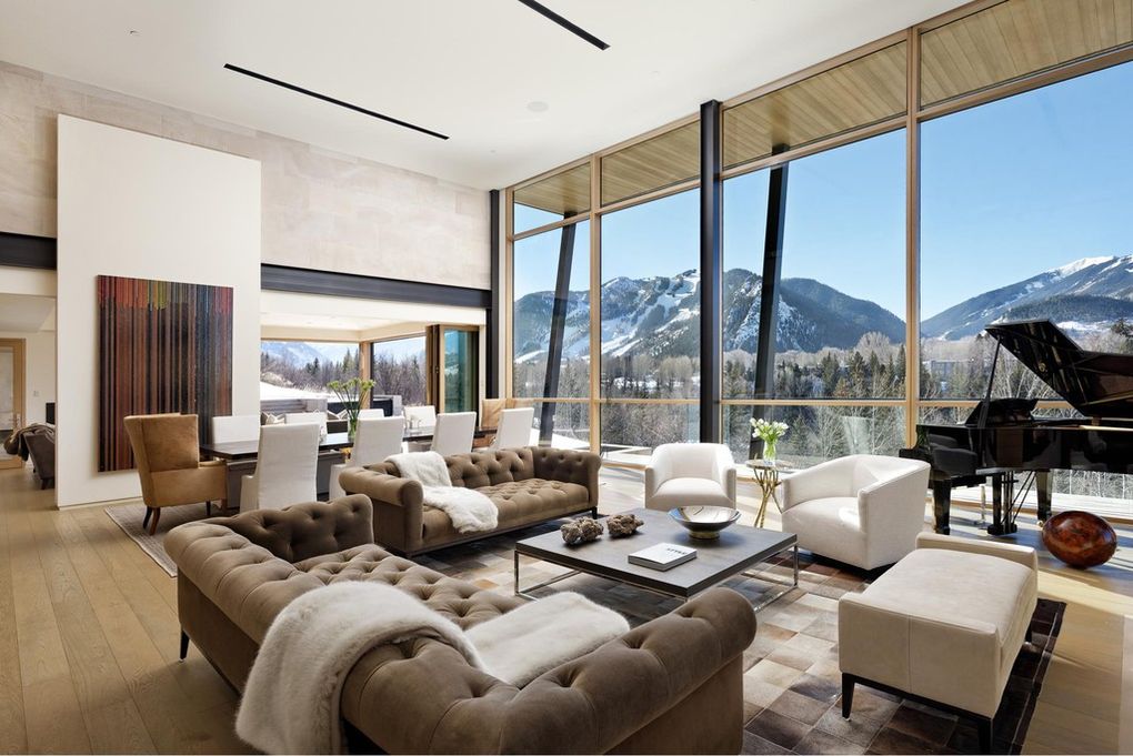 High ceilings at the Aspen mansion at 720 Willoughby Way provide views from Independence Pass to Pyramid Peak. (Douglas Elliman photo)