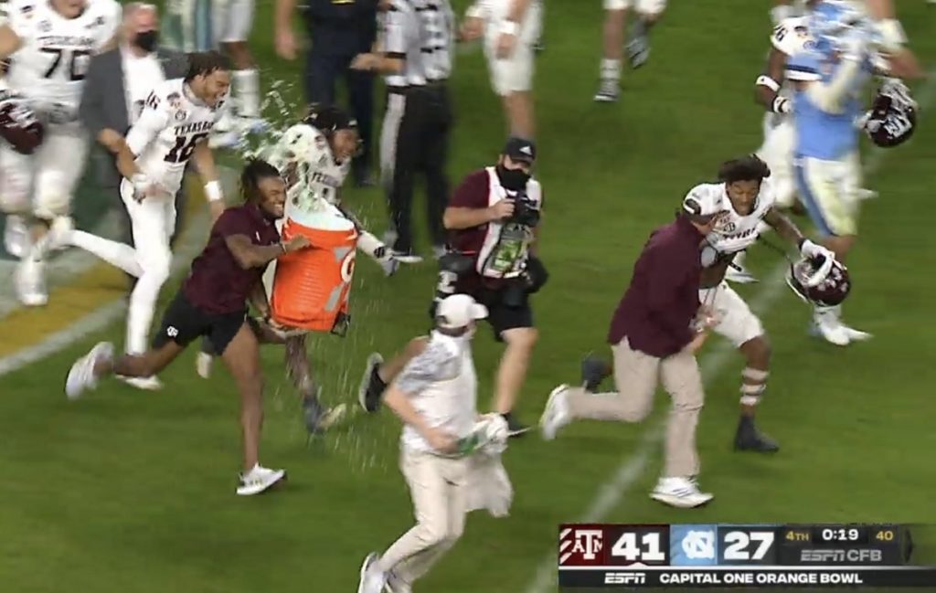 Texas A&M coach Jimbo Fisher showed some unexpected speed in outrunning the Gatorade bath after the Aggies' Orange Bowl win.