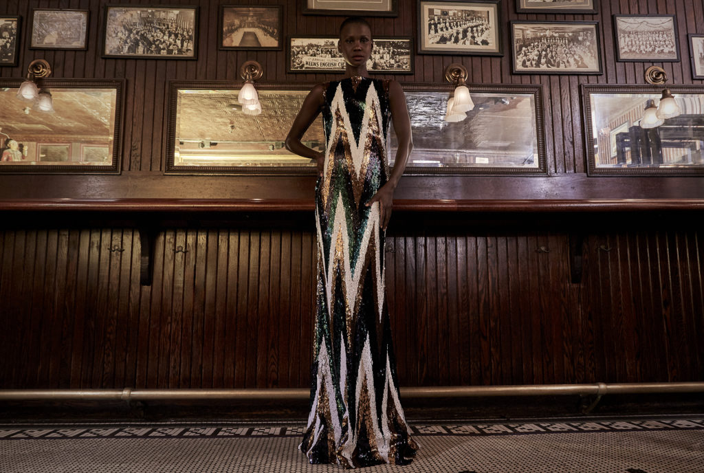 Badgley Mischka emerald and ivory chevron gown. (Photo courtesy of Badgley Mischka)