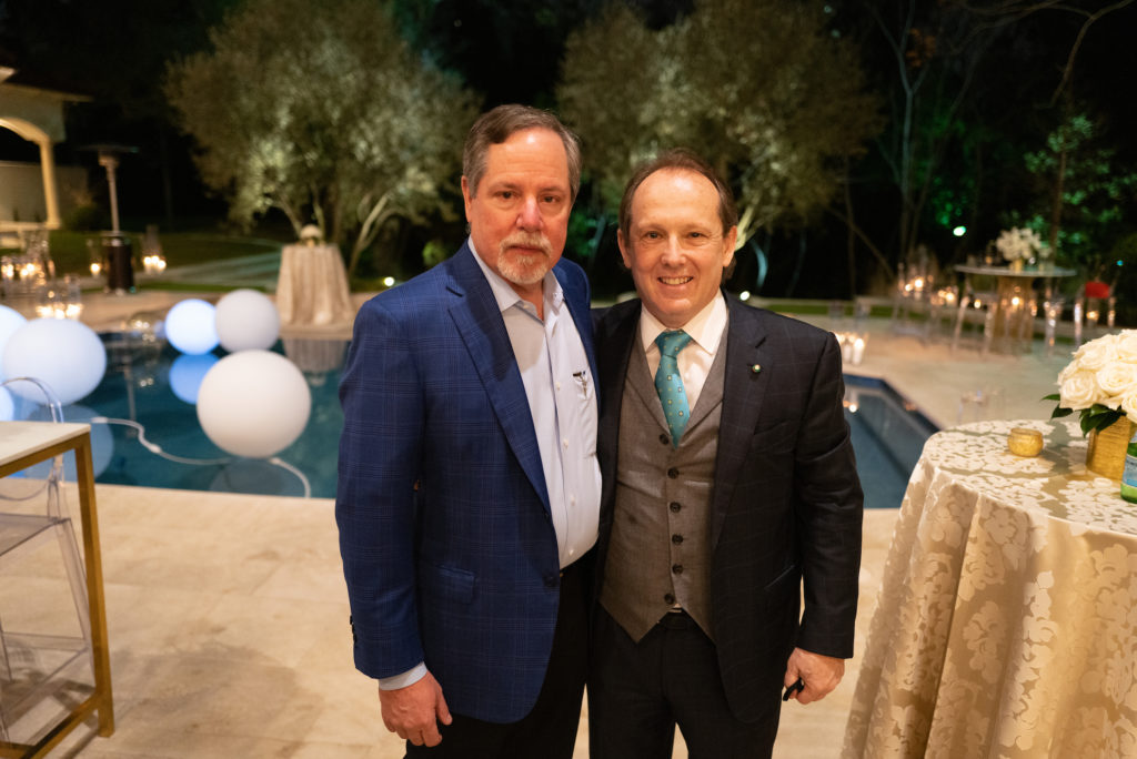 Party host Brook Brookshire and jeweler Franco Valobra at the engagement party of Frances Moody and Tony Buzbee.