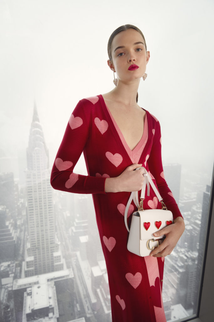 Carolina Herrera pink and red heart dress with heart purse. (Photo courtesy of Carolina Herrera)