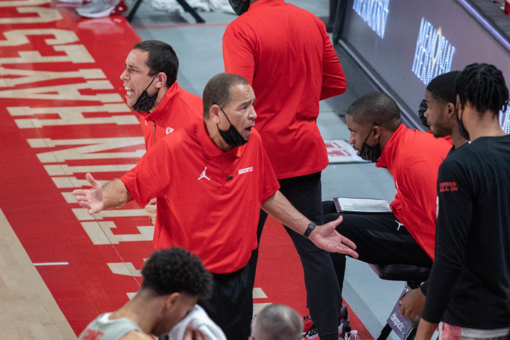Houston coach Kelvin Sampson is as intense as ever on the sidelines. (Photo by F. Carter Smith)