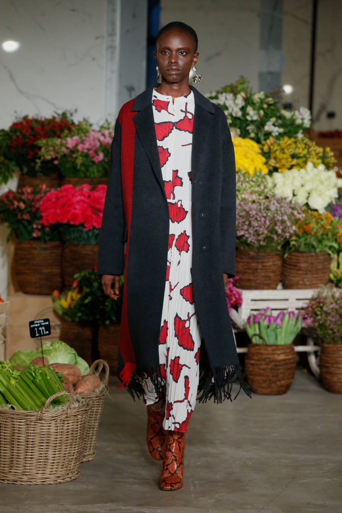 Jason Wu pleated print dress and dark coat. (Photo courtesy of Jason Wu)