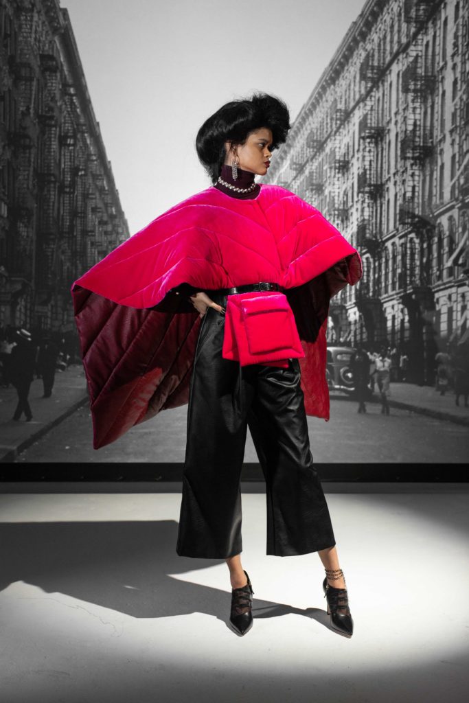 Bibhu Mohapatra padded reddish-pink cape with a matching padded cross-body bag, vegan leather pants. (Photo courtesy of Bibhu Mohapatra)