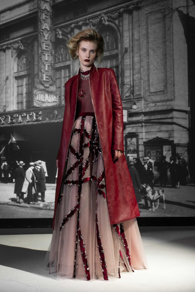 Bibhu Mohapatra embroidered sheer long skirt and top, vegan leather coat. (Photo courtesy of BIbhu Mohapatra)