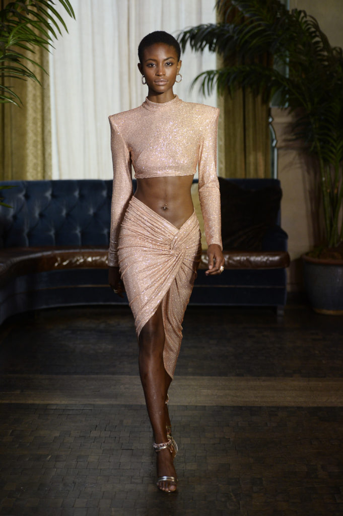 Bronx and Banco pink sequined wrap skirt and midriff top.  (Photo by Fernanda Calfat/Getty Images for Bronx and Banco)