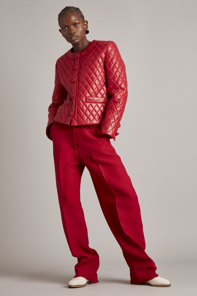 Adam Lippes red wide-legged slacks and quilted leather jacket. (Photo courtesy of Adam Lippes)