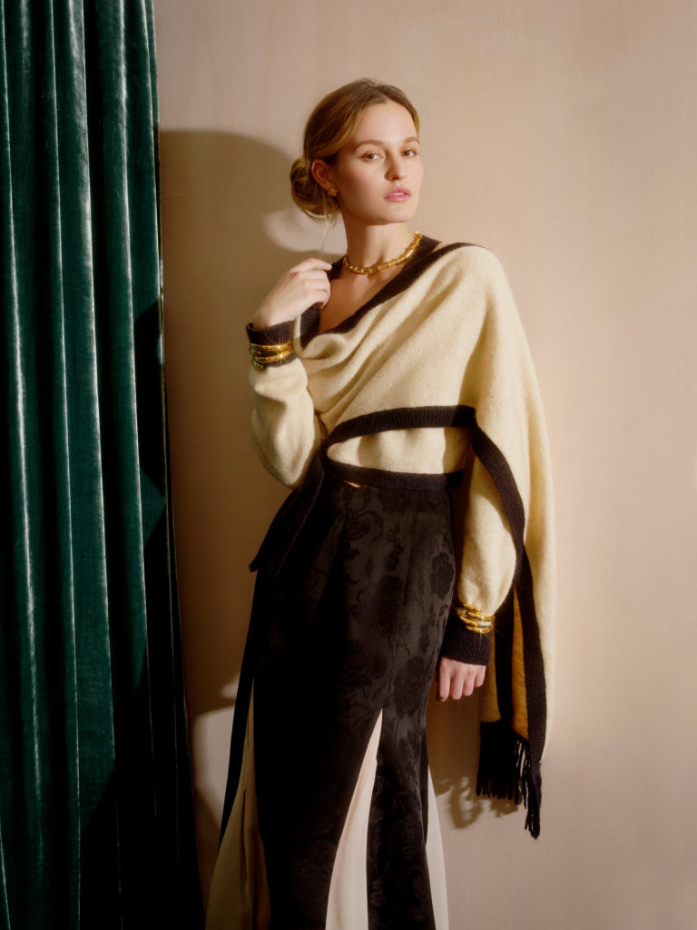Markarian mohair shawl sweater, black jacquard skirt with chiffon godets. (Photo courtesy of Markarian)