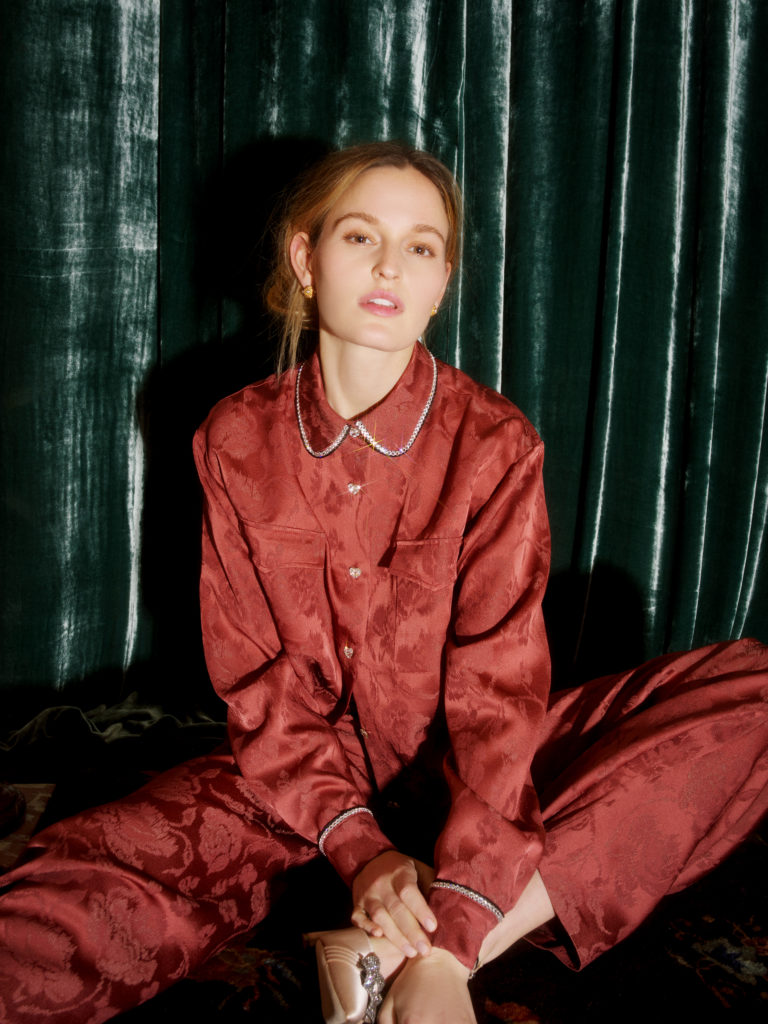 Markarian pajama-like shirt trimmed in Swarovski crystals, jacquard pant. (Photo courtesy of Markarian)