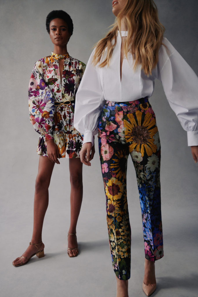 Oscar de la Renta floral slacks and white blouse, floral culotte dress. (Photo courtesy of Oscar de la Renta)