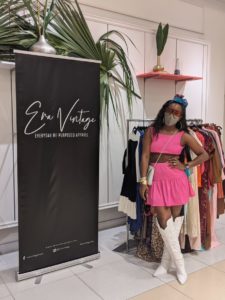 Saida Carter, owner of Era Vintage, models one of her outfits straight off the rack in her boutique space at “Collect It For the Culture III,” which transformed a former Forever 21 store into an outpost of the avant-garde. (Photo by Crystal Correa)