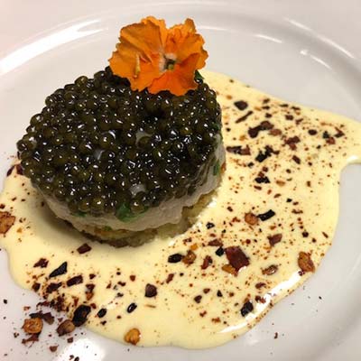 Japanese ama ebi tartar, with Purepecha is his prix fixe upscale option. Here his  beluga caviar on top, and bell pepper jocoque (fermented milk sauce) and chile de arbol.